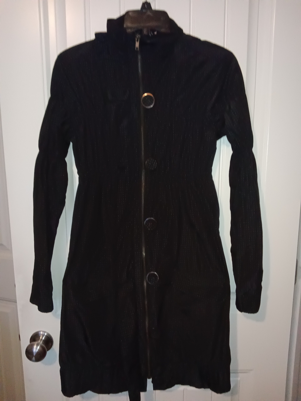 NAF NAF Black & Teal Pinstripe Fitted Bubble Hem Trench Coat Jacket | Size M